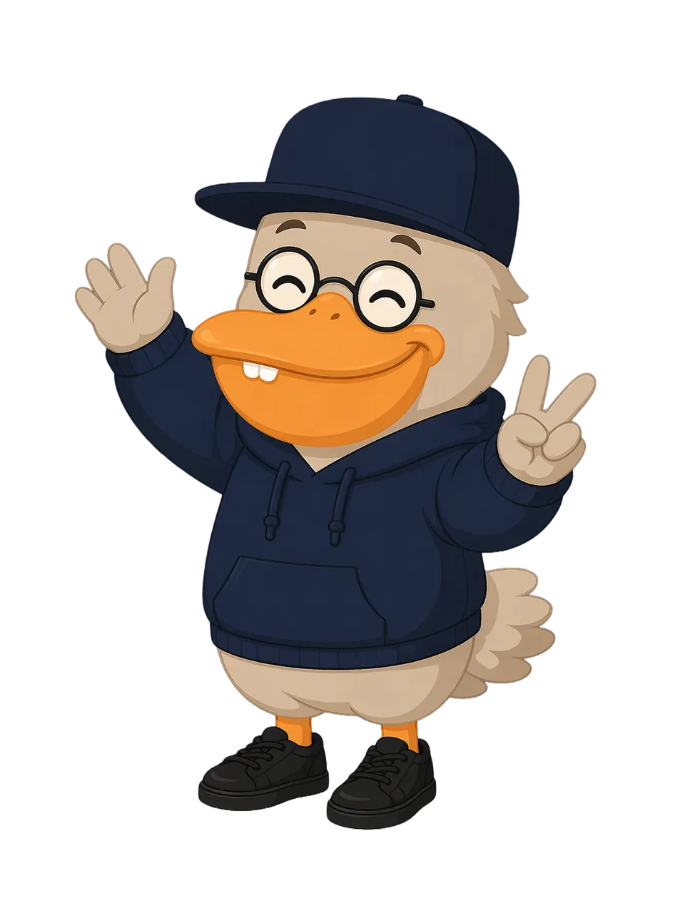 ピースサインと手振りで挨拶する宇部くん