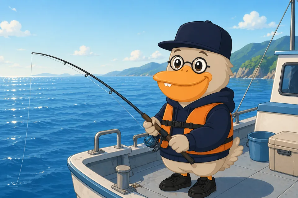 船に乗ってライフジャケットを着て日本海でヒラマサ釣りをしている宇部くん