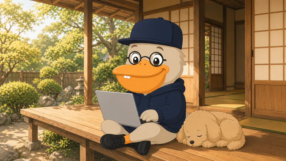 古民家の縁側でMacBookを開いている宇部くんと、横で眠るトイプードル